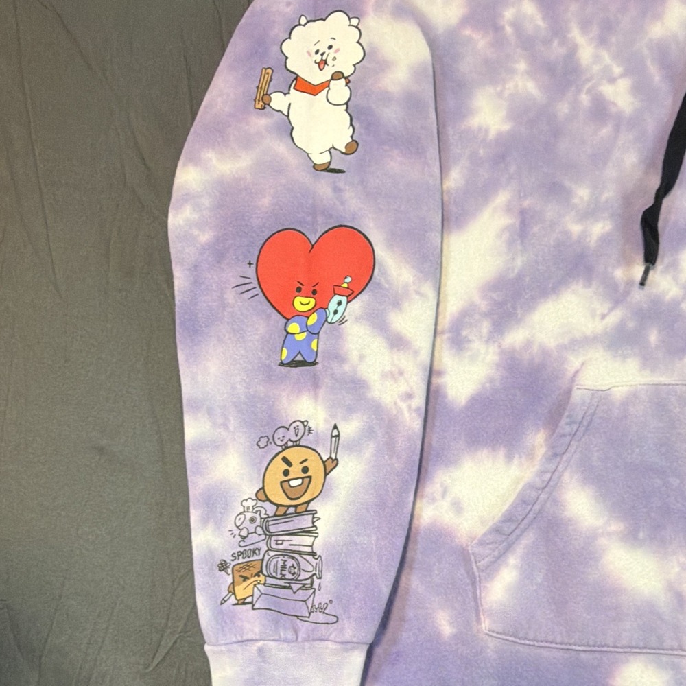 BT21 Purple White Tie-Dye Pullover Hoodie Kangaroo Pocket Medium Cartoon KPop - Picture 4 of 15